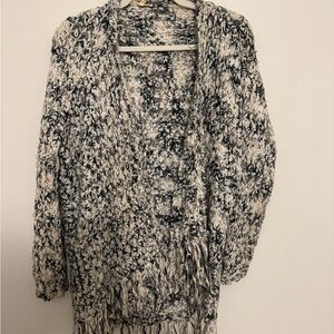 vestique Black & Cream Marled Fringe Open Cardigan